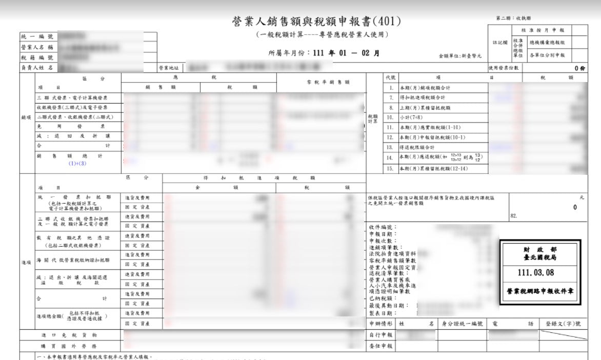 營業人銷售額與稅額申報書-401表