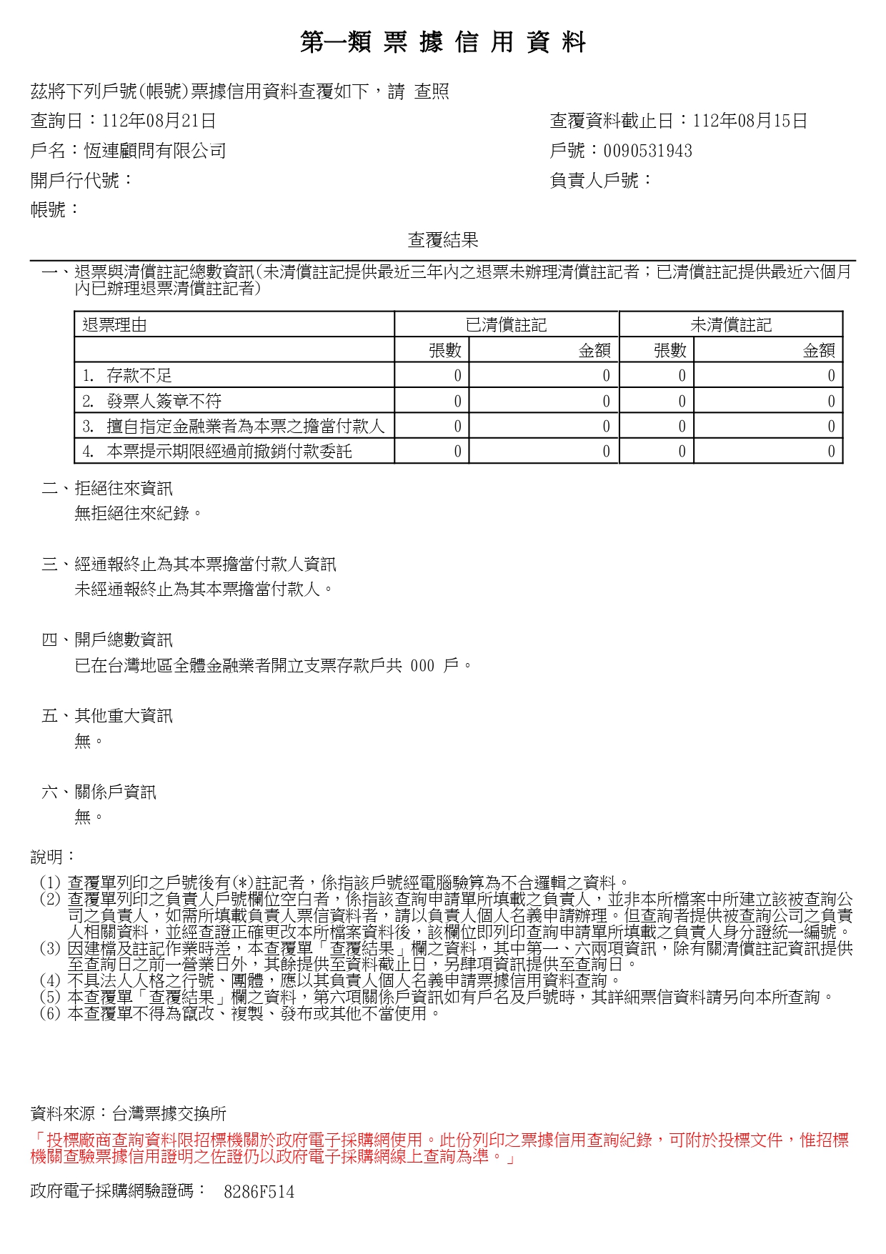 20 無退票紀錄證明線上查覆單 戶號0090531943 查詢日期112年08月21日